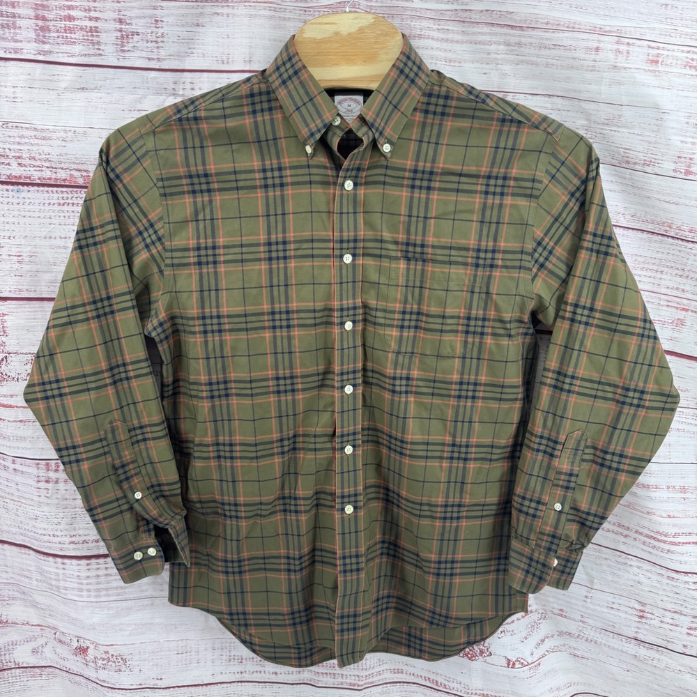 Brooks Brothers Shirt‎ Mens Medium Olive Green Plaid Non-Iron Cotton Casual